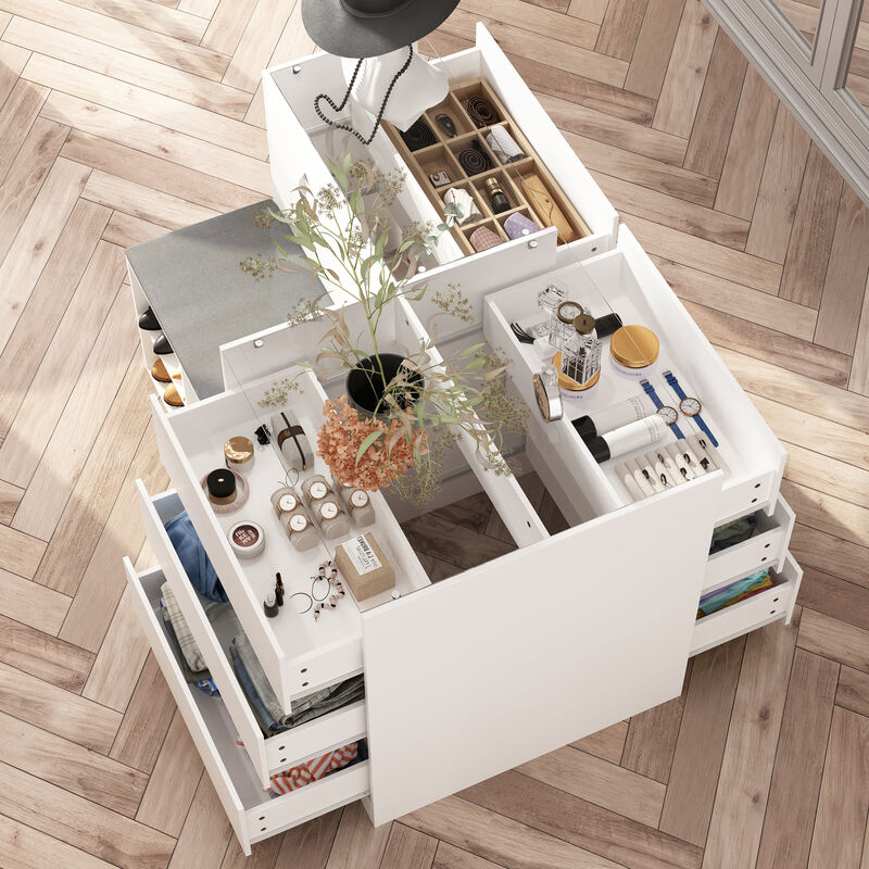Armoire Bedroom Island Wardrobe Closet Island with 9 Drawers & Glass Tabletop, Island Dresser with Cushion Bench, Closet Island for Bedroom Cloakroom White (47.2”W x 27.5”W x 31.5”H)