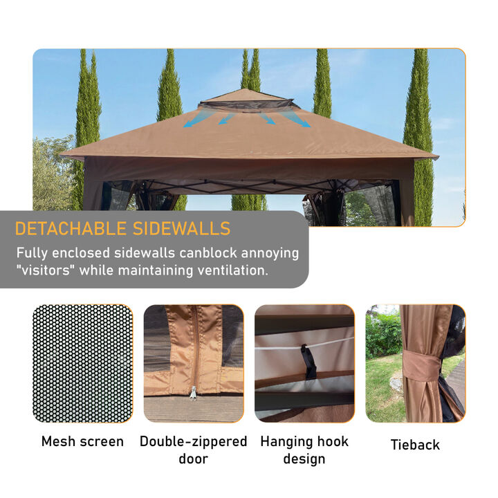 Pop Up Gazebo Canopy With Netting, 2-Tier Soft Top Tent, 11x11FT, Brown