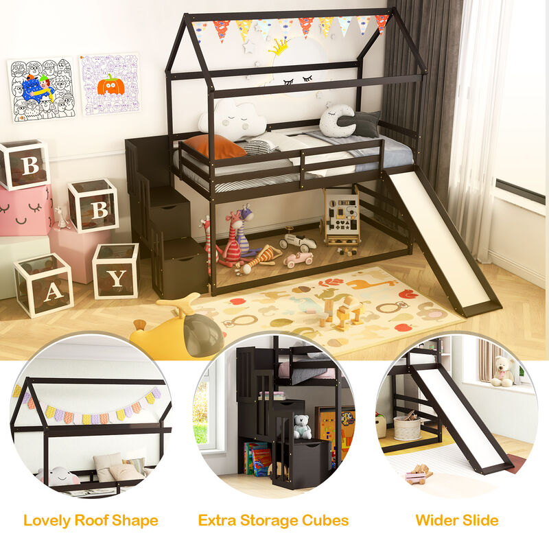 Twin over Twin Bunk Bed with Slide and 2-Step Storage Staircase
