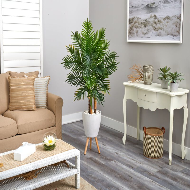 Hivvago 63 Inches Areca Artificial Palm Tree in White Planter with Stand (Real Touch)