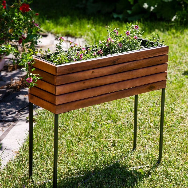 Sunnydaze Acacia Wood Slatted Planter Box with Oil-Stained Finish