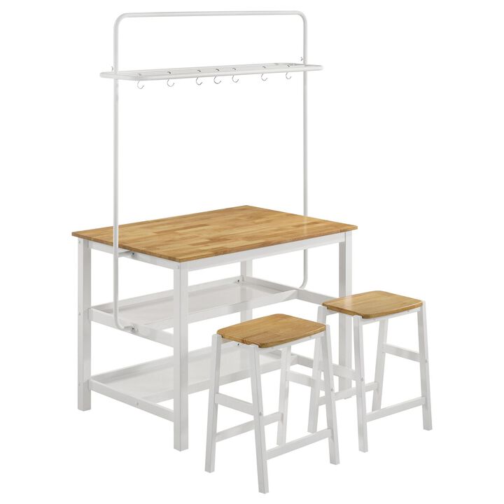 Kiyana 3pc Kitchen Island Counter Table Set, 2 Stools, Brown and White - Benzara