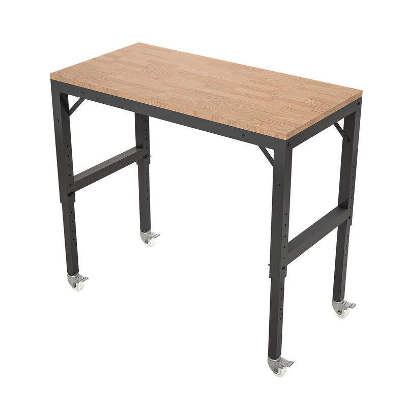 Heavy-Duty Workbench with Lockable Wheels, Hardwood Table for Garage & Workshop