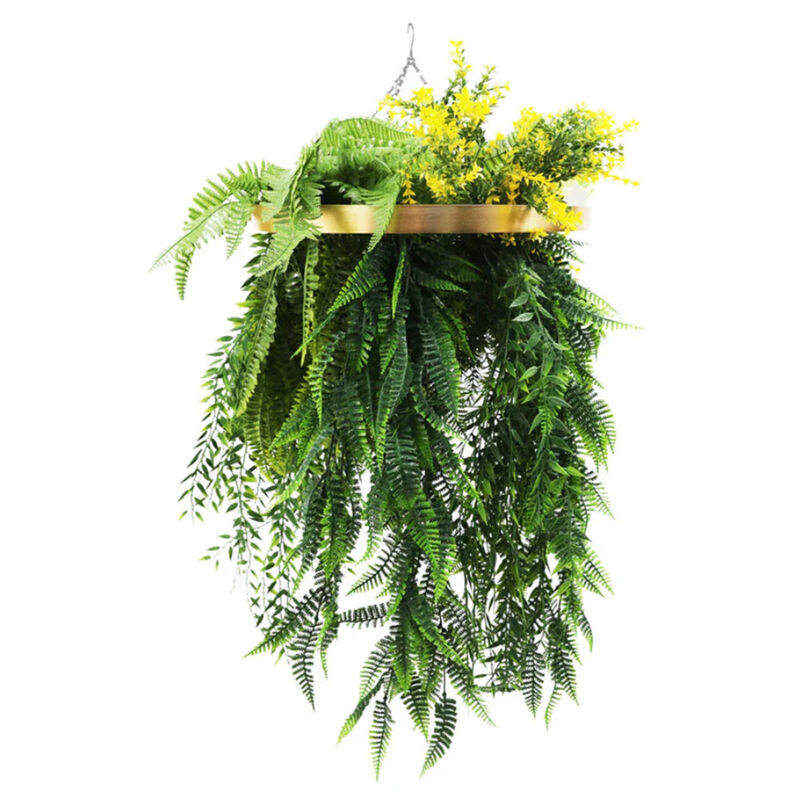 Gold Framed Roof Hanging Disc With Draping Life-Like Ferns and Plants 31.5" UV Resistant
