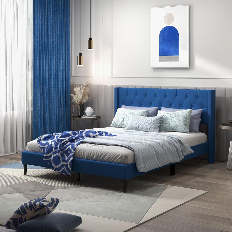 Queen Size Upholstered Platform Bed with Button Tufted Wingback Headboard-Blue