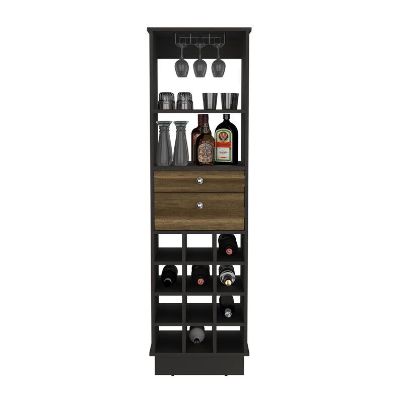 DEPOT E-SHOP Zircon Bar Cabinet, Twelve Built-in Wine Rack, Two Drawers, Black/Walnut