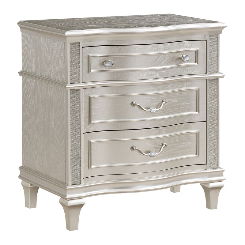 Inz 32 Inch 3 Drawer Nightstand, Elegant Trim Details, Silver Finish -Benzara
