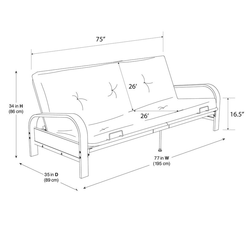 Atwater Living Max Black Metal Arm Full Size Futon Frame with 6" Thermobonded High Density Polyester Fill Herringbone Futon Mattress
