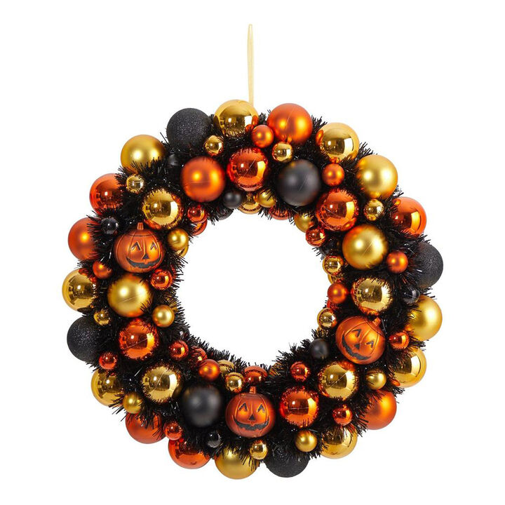 Nearly Natural 19-in Halloween Shatterproof Jack O-ftlantern Pumpkin Ornament Wreath