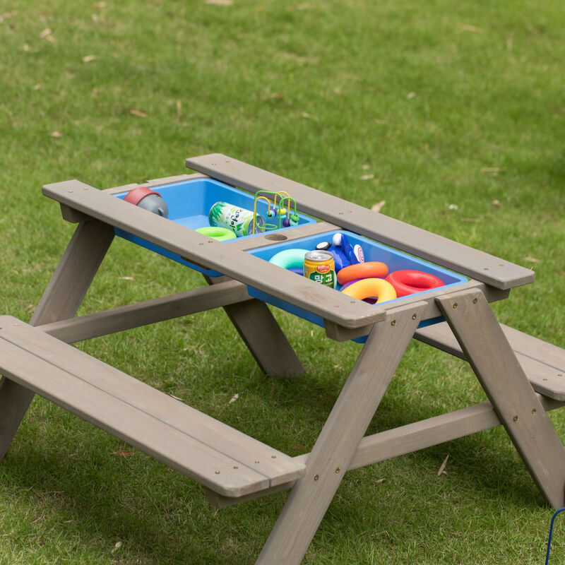 Kids Picnic Play Table, Sandbox Table with Umbrella Hole and 2 Play Boxes with Removable Top, Gray