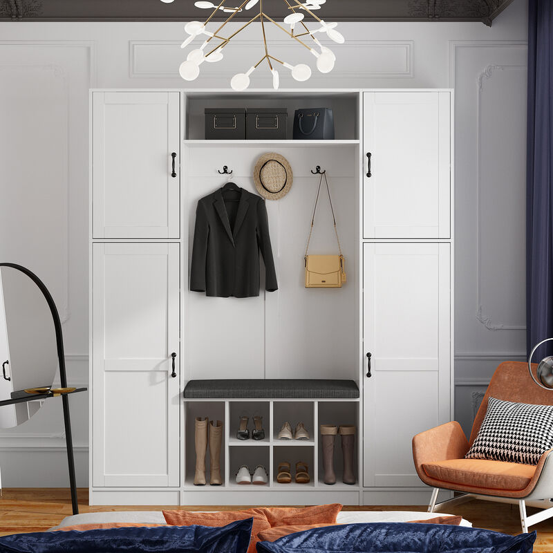 65.4 in. W Wood Hall Trees Coat Rack in White With Shoe Bench, Bag Shoe Storage Adjustable Shelves, 3-Double Hooks
