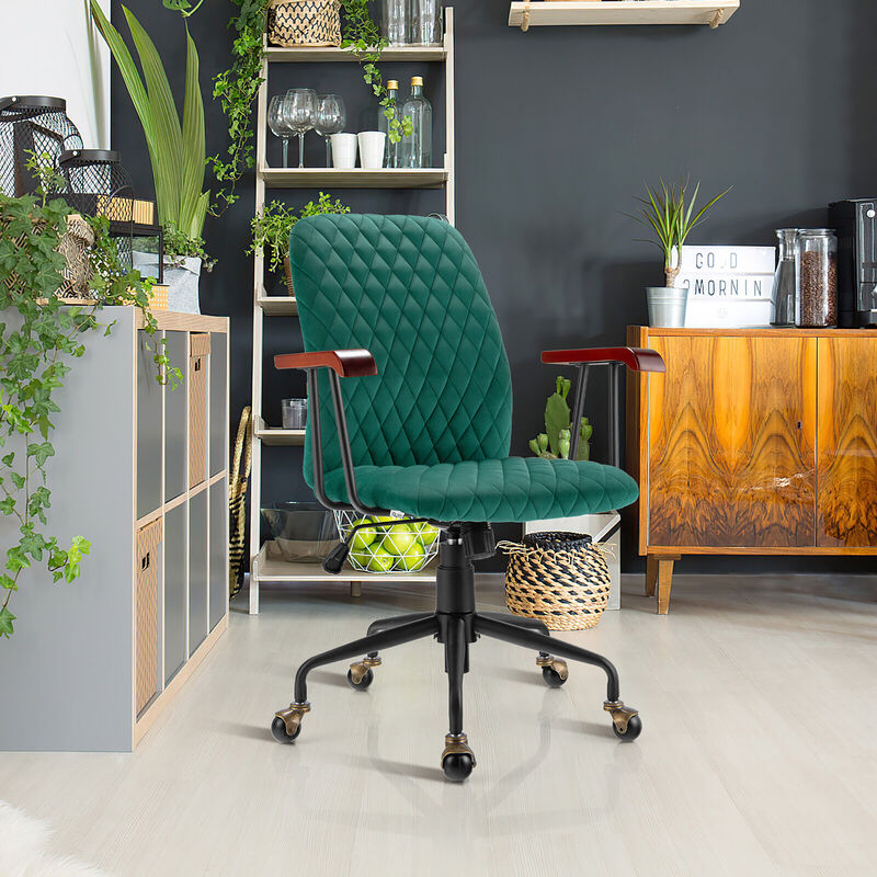 Costway Velvet Home Office Chair Swivel Adjustable Task Chair w/ Wooden Armrest Orange