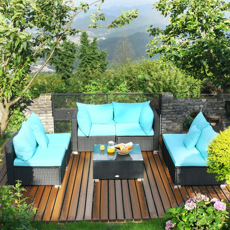 7 Pieces Sectional Wicker Furniture Sofa Set with Tempered Glass Top-Blue