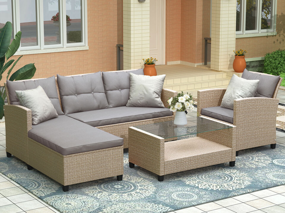 Patio Furniture Sets, 4 Piece Conversation Set Wicker Ratten Sectional Sofa with Seat Cushions