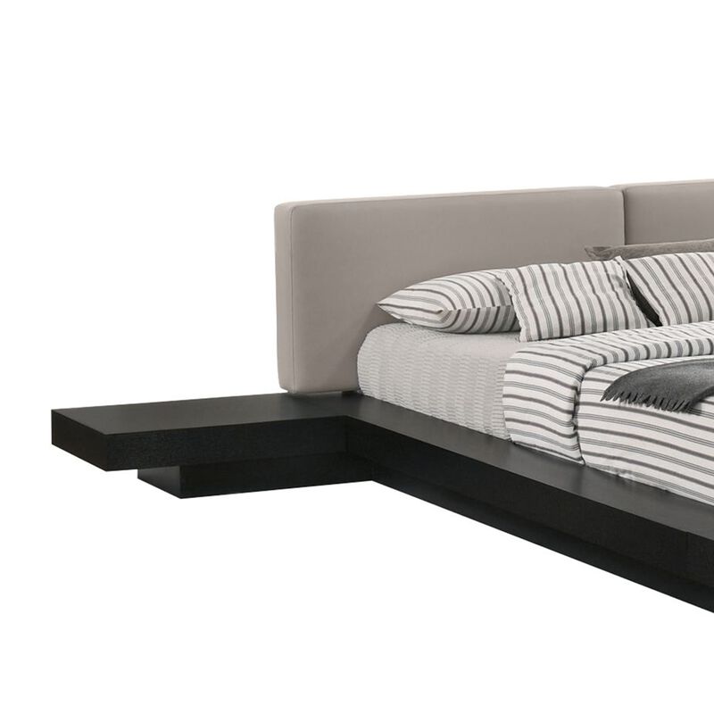 Nia Queen Size Bed, Gray Faux Leather, Black Layered Low Profile Frame - Benzara