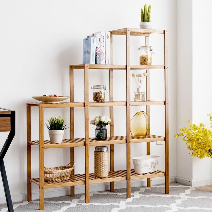 Hivvago Bamboo Wood 5 Tier Versatile Bookcase Plant Stand Storage Rack