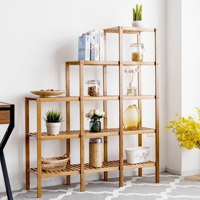 Hivvago Bamboo Wood 5 Tier Versatile Bookcase Plant Stand Storage Rack