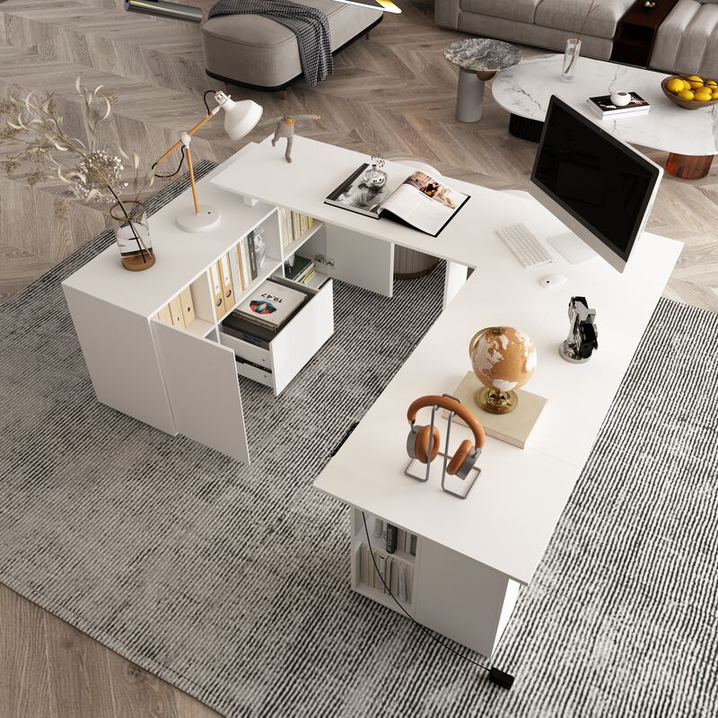 FUFU&GAGA 63-in White Modern/Contemporary L-shaped Desk Hutch Included,(72.4" W x 47.2" D x 46.6" H), White