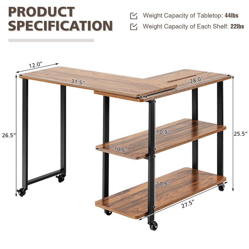 360� Rotating Sofa Side Table with Storage Shelves and Wheels
