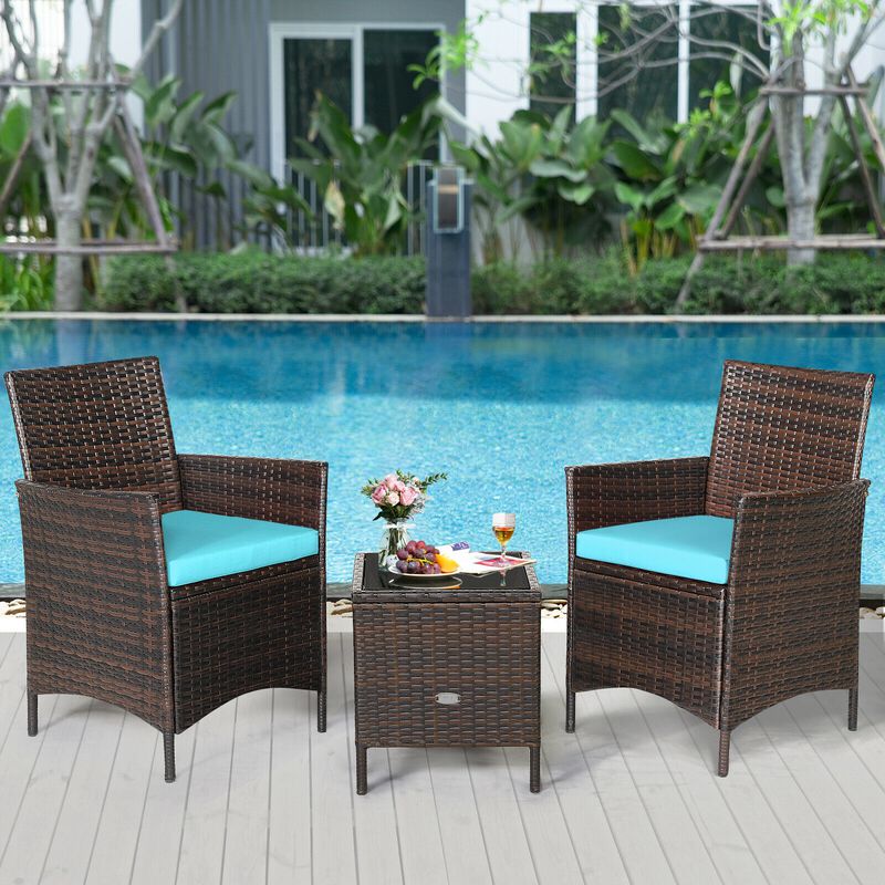3 Pieces Patio Rattan Conversation Set with Glass Top Coffee Table and Cushions