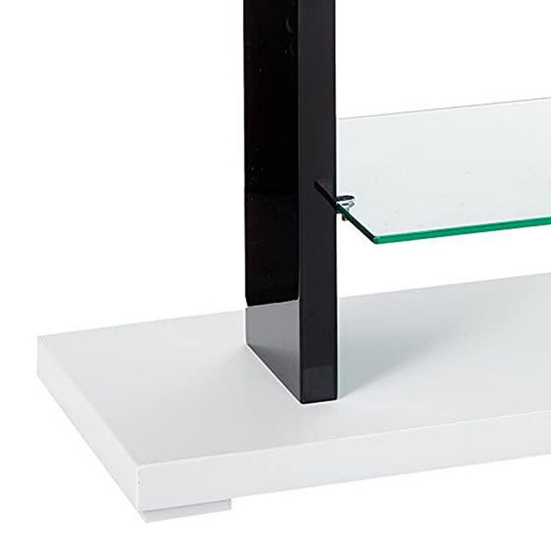 55 Inch TV Entertainment Console, Glass Top, Chrome Posts, Black, White - Benzara