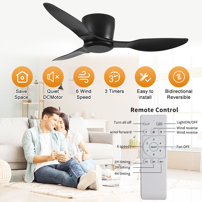 Modern Flush Mount Ceiling Fan, Silent 6-Speed DC Motor, No Light