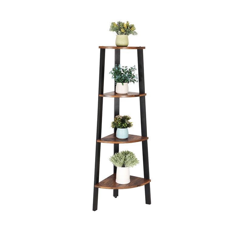Wood Look 4-Tier Corner Bookcase – Rustic Brown Metal Frame