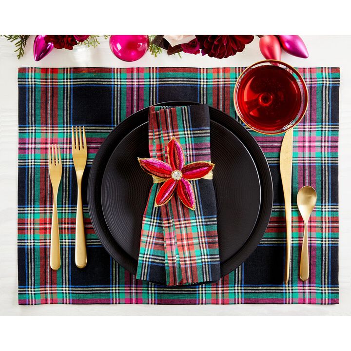 Solino Home 100% Pure Linen Placemats 14 x 19 Inch Set of 4 |Jewel Plaid