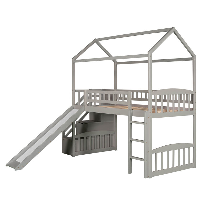 Twin Loft Bed With Two Drawers And Slide, House Bed With Slide