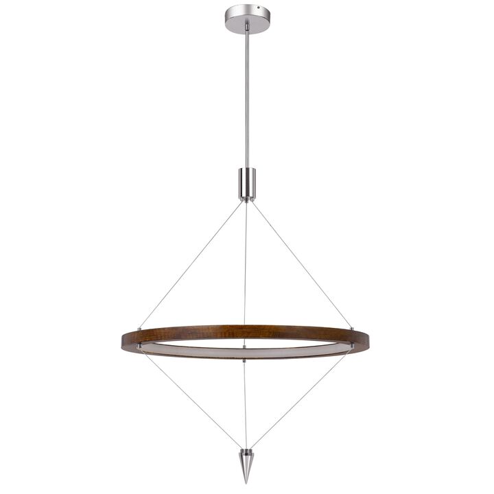 Erbo 11 Inch Pendant Light Fixture, Dimmable LED, Pine Wood and Chrome - Benzara