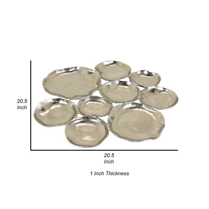 Jiva 9 Piece Decorative Bowl Set, Irregular Shaped Design, Silver Metal - Benzara