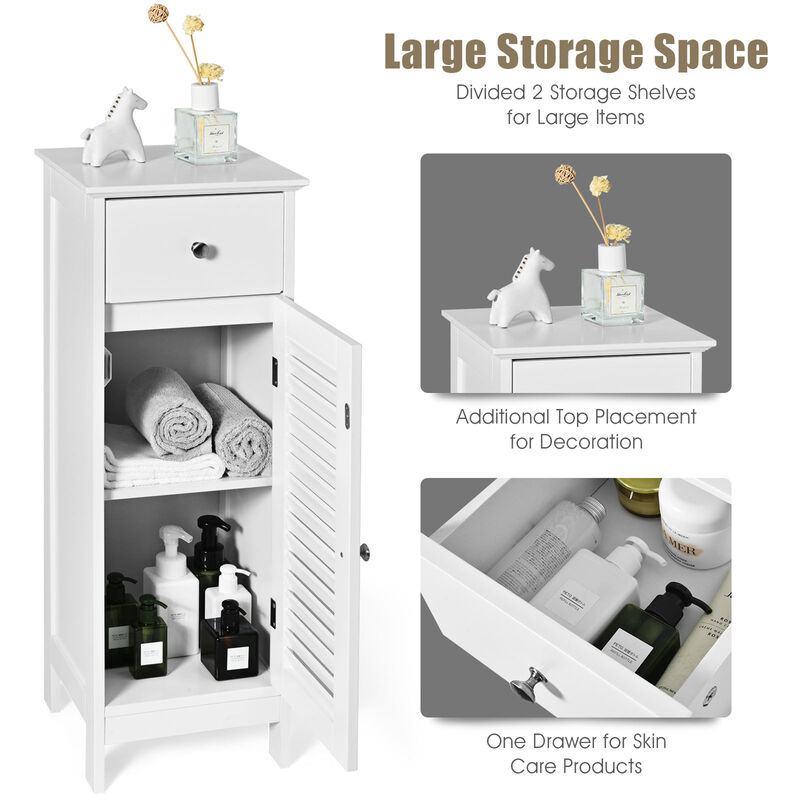 Costway Bathroom Floor Storage Cabinet Side Wooden Organizer w/ Drawer & Shutter Door