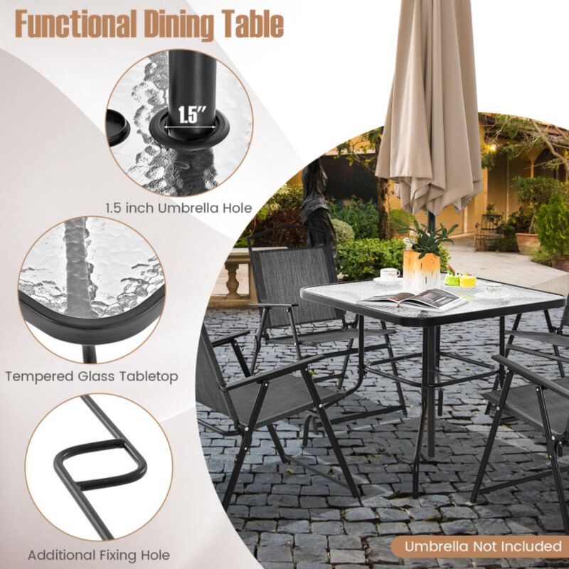 Hivvago 34 Inch Outdoor Dining Table Square Tempered Glass Table with 1.5 Inch Umbrella Hole
