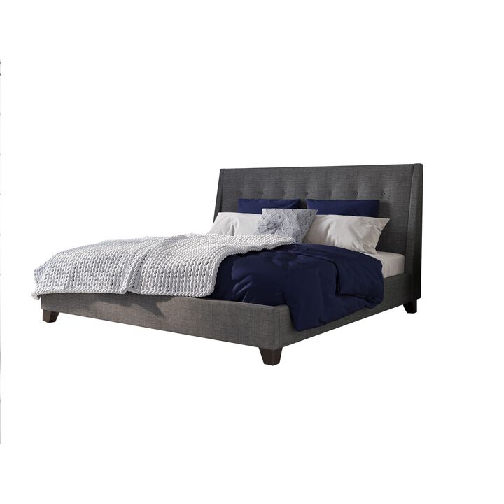 Atina California King Bed, Charcoal Linen Upholstery, Slanted Headboard  - Benzara