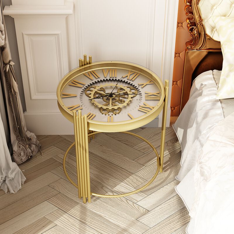 FUFU&GAGA Gold Gear Coffee Table with Spacious Tabletop, Sturdy Metal Legs, Circular Support Ring, Easy Assembly (18.5" W x 18.5" D x 20.5" H), Gold
