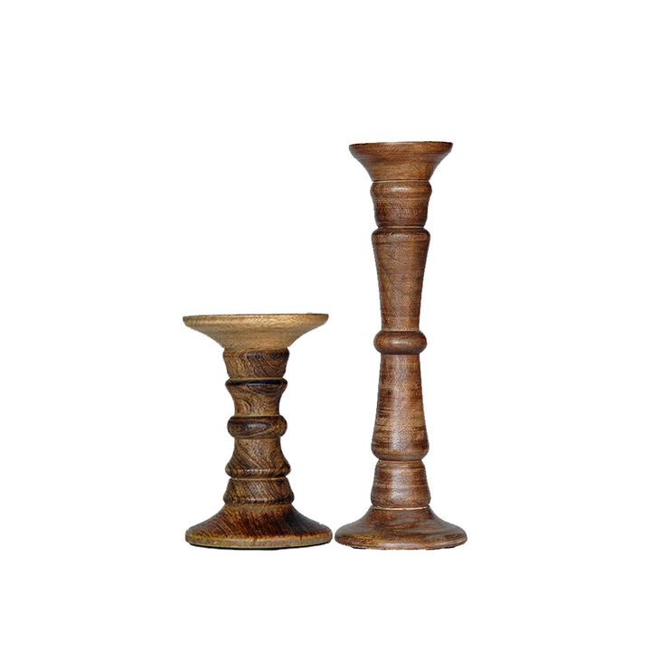 Traditional Medium Burnt Eco-friendly Handmade Mango Wood Set Of Two 6" & 15" Pillar Candle Holder BBH Homes