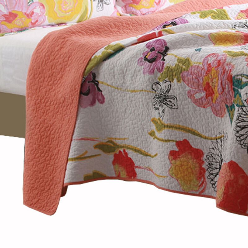 3 Piece Cotton Full Size Quilt Set with Stencil Flower Print, Multicolor - Benzara