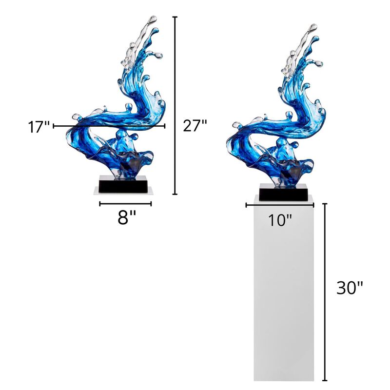 Wave Floor Sculpture Ocean Blue with Black Stand Resin Handmade 57" Tall