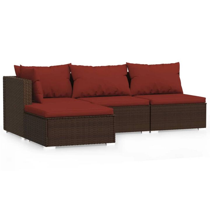 Faye 4pc Outdoor Modular Sofa Set, Brown Poly Rattan and Red Polyester - Benzara