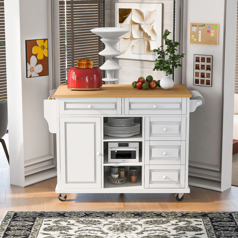 Streamdale Rolling Kitchen Cart With Rubber Wood Desktop And 5 Draws