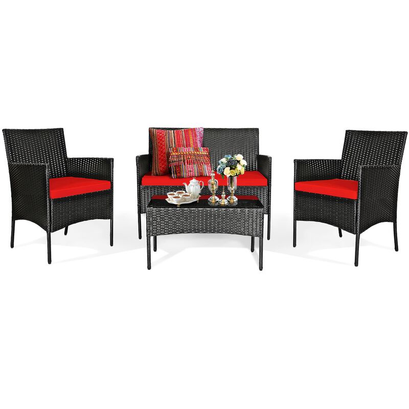 4 Pieces Patio Rattan Cushioned Sofa Set with Tempered Glass Coffee Table-Red