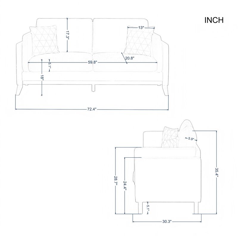 72.4 in. W Square Arm Chenille Modern Straight Sofa with Pillows
