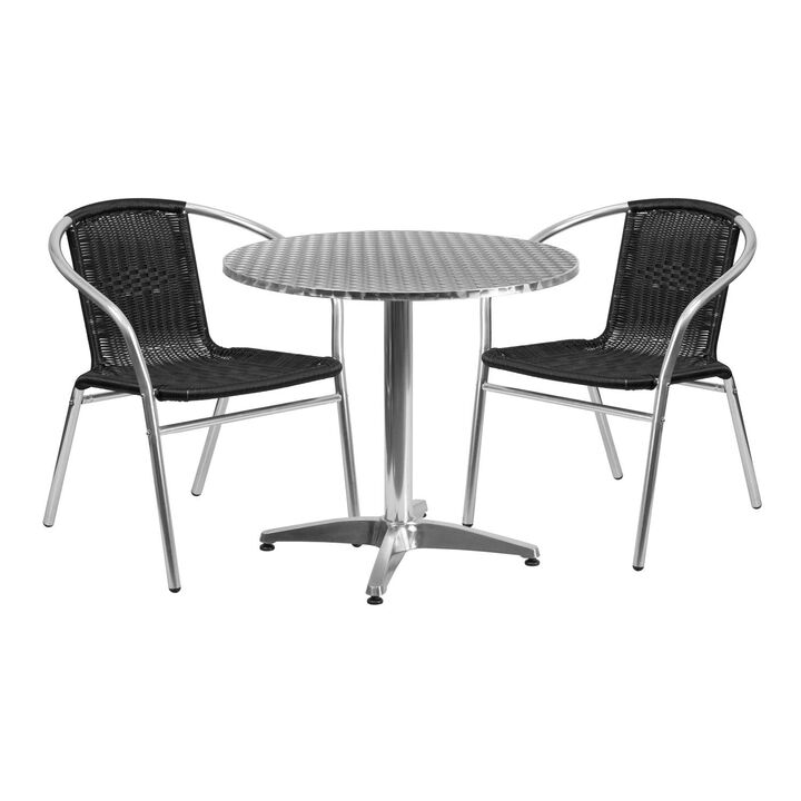 Flash Furniture Lila 31.5'' Round Aluminum Indoor-Outdoor Table Set with 2 Dark Brown Rattan Chairs