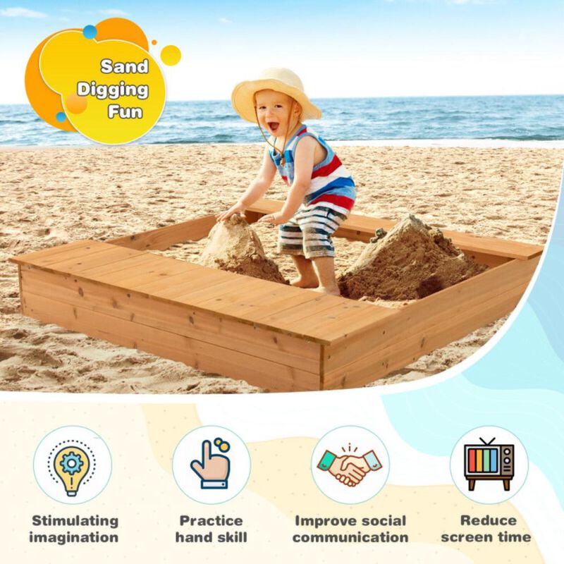 Hivvago Kids Wooden Sandbox with Bench Seats and Storage Boxes