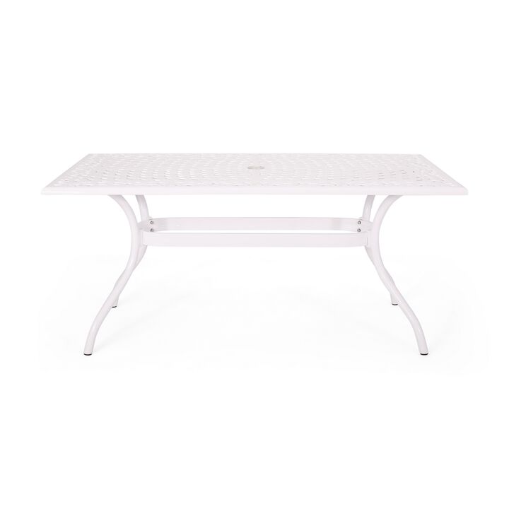 Toni Table, 67 Inch Rectangular Lattice Top, Saber Legs, White Aluminium