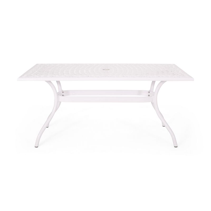 Toni Table, 67 Inch Rectangular Lattice Top, Saber Legs, White Aluminium