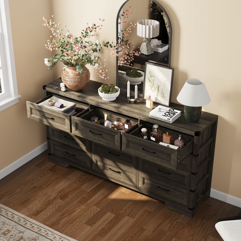 FUFU&GAGA 12-Drawer Dresser, Wood Storage Cabinet, Large dresser for Bedroom, Living Room, Hallway (63.4" W x 31.5" H x 15.4" D), Grey