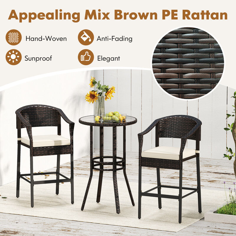 3-Piece Patio Rattan Bar Set with Tempered Glass Top for Backyard Poolside