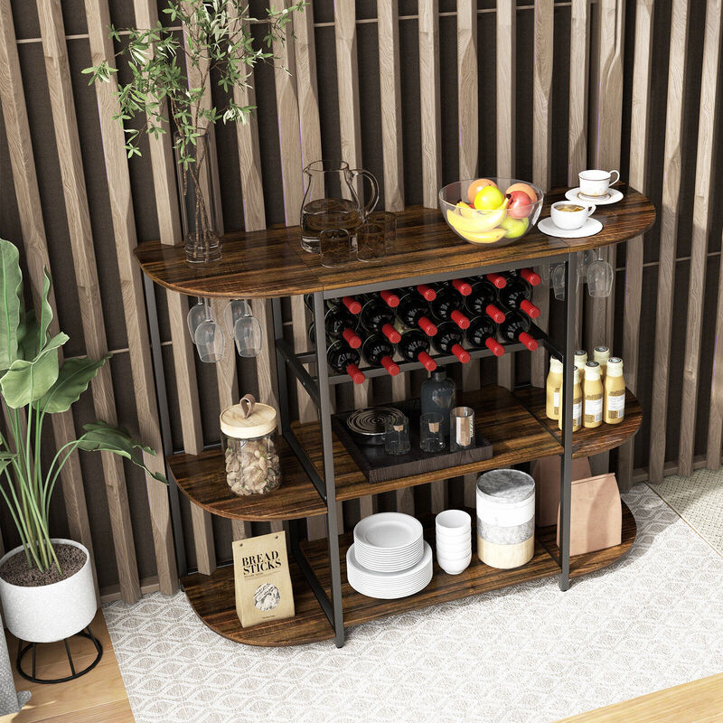 47 Inches Wine Rack Table with Glass Holder and Storage Shelves - Rustic Brown