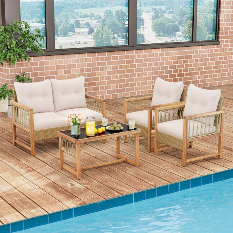 Hivvago 4 Pieces Outdoor Patio PE Wicker Conversation Bistro Set with Acacia Wood Frame